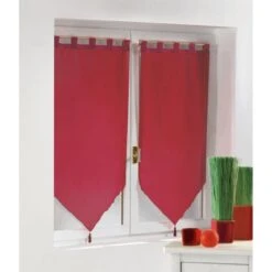 Paire De Vitrages Transparent, Pompons Rouge L.90 X H.60 Cm